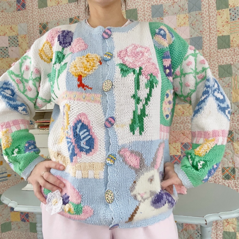 Vintage Cotton Womens Easter Knitted Cardigan Sweater Amazing